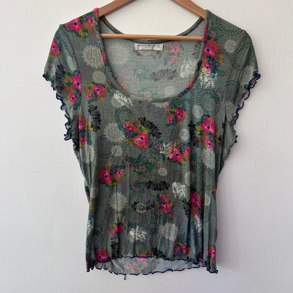 Natural Life Top Women Large Green Floral Lettuce Edge Scoop Neck Boho Garden
